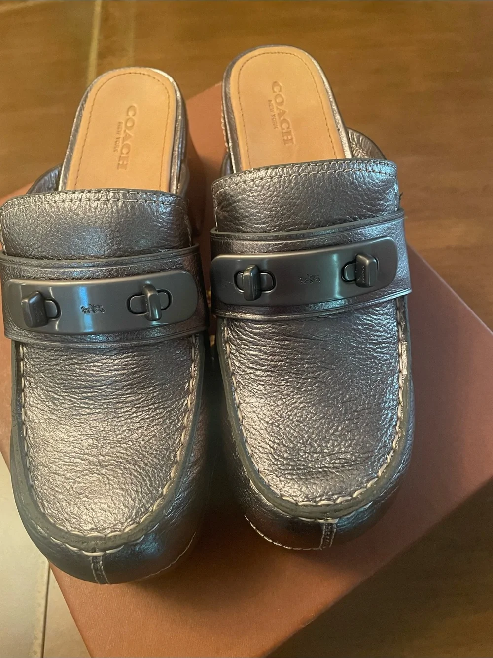 Coach 2016 collection Adrienne Metallic Tambled Gunmetal Leather Platform Clogs